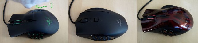 Razer Naga 2012 vs Logitech G600 vs Razer Naga Hex [side grid - top]