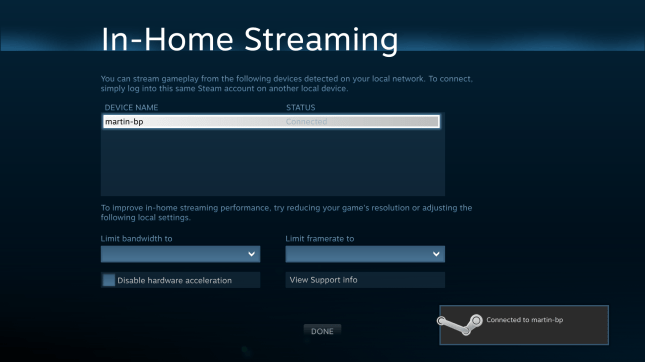 Steam In-Home Streaming menu